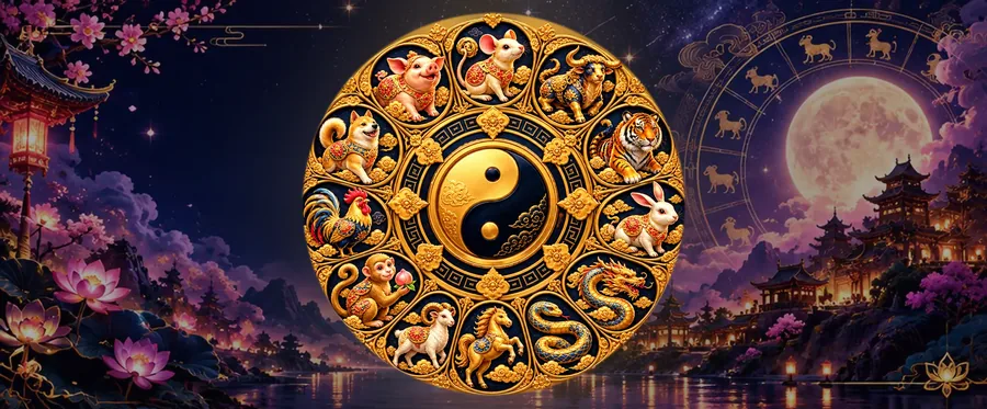 A golden wheel of the twelve zodiac animals above a moonlit lake