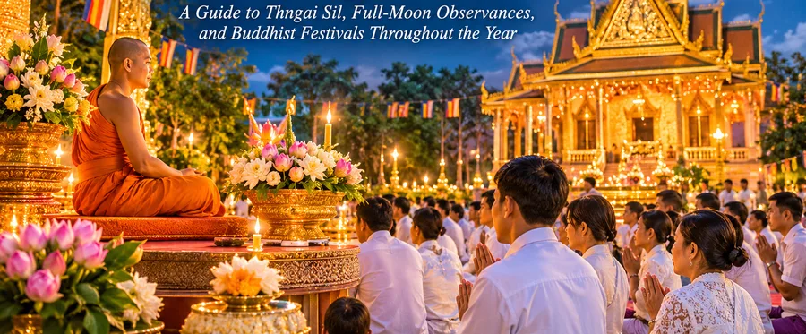A monk beside lotus offerings and lay people in white praying in front of a lit pagoda