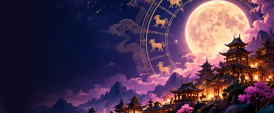 Pagodas lit at night under a full moon and a zodiac wheel