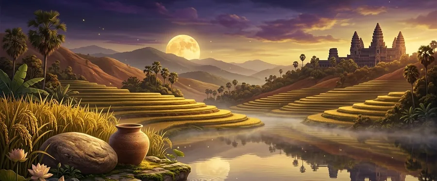 Golden rice terraces, a smooth stone and a clay pot beside a misty lake at moonrise