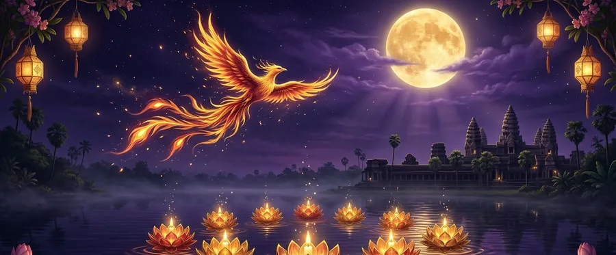 A phoenix of flame flying over floating lotus lanterns and a temple under a golden moon