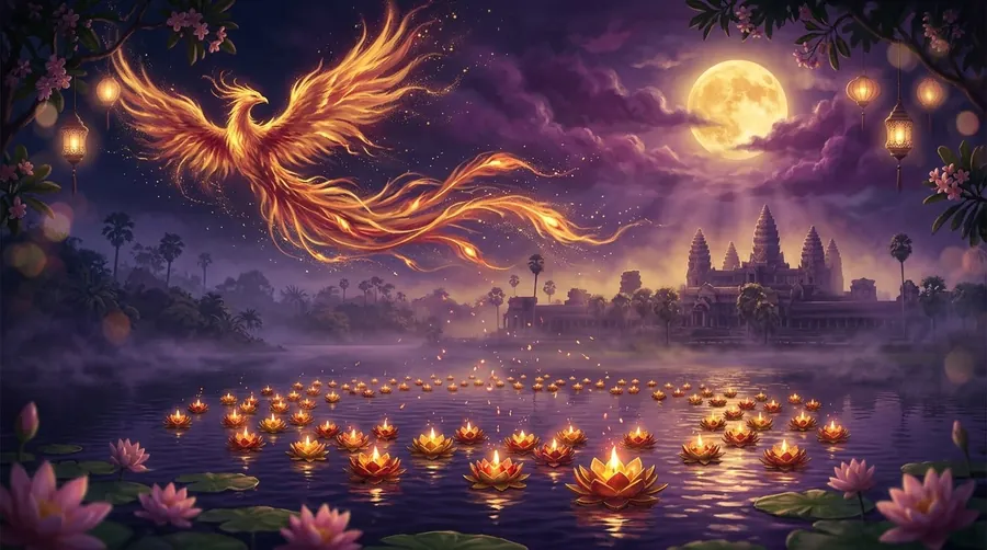 Hundreds of glowing lotus lanterns on a lake beneath a flaming phoenix