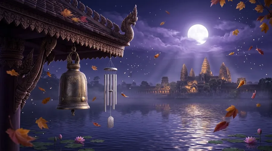 A bronze bell and wind chimes over a moonlit lake with a temple in the distance