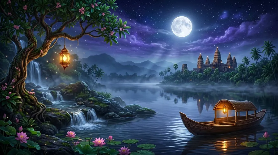 A waterfall, lotus flowers and a lantern boat on a misty lake under a full moon