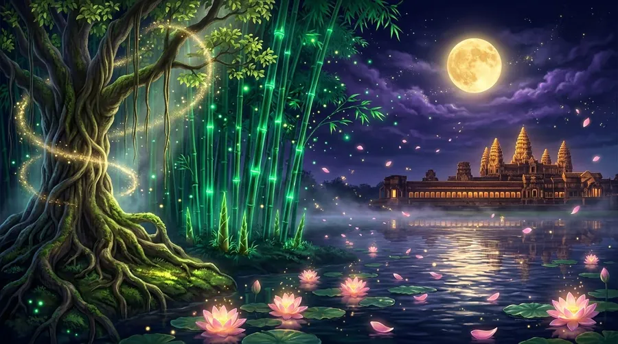 A banyan tree, glowing bamboo shoots and floating lotus flowers near a temple at night