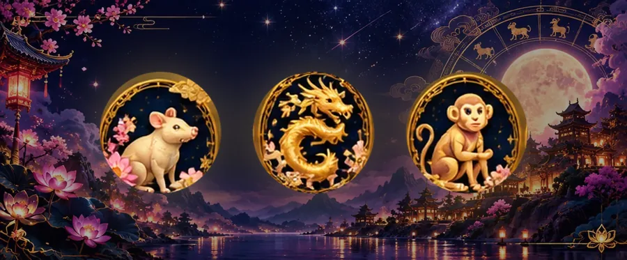 Golden Rat, Dragon and Monkey medallions above a moonlit lake