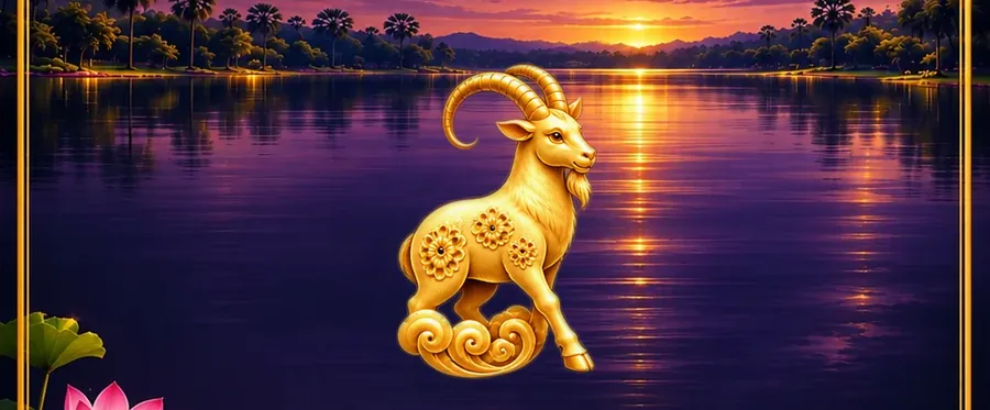 A golden goat figure in front of a lake at sunset