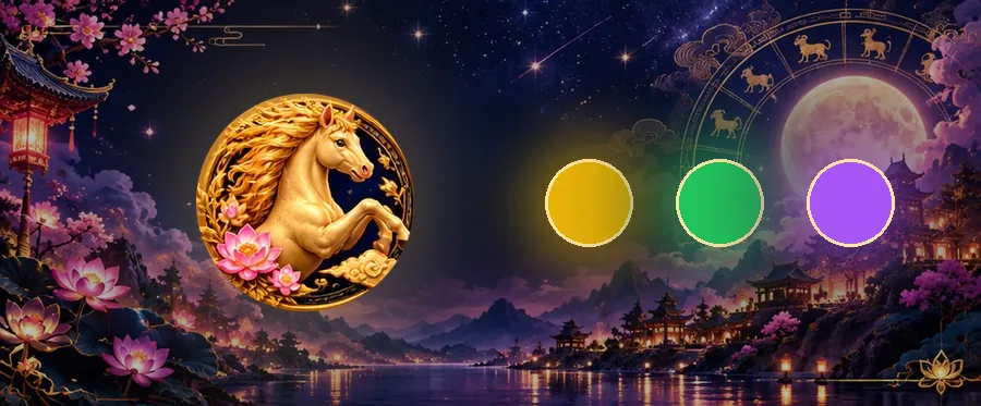 A golden Horse medallion beside three glowing circles of yellow, green and purple