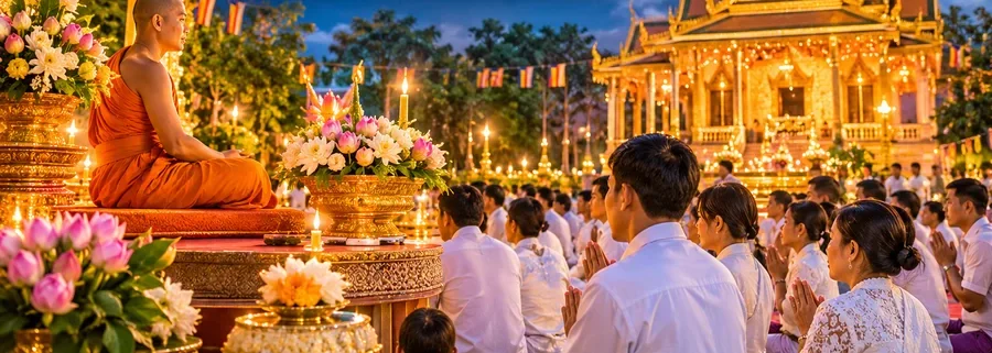 A monk seated beside lotus offerings while lay people in white pray in front of a lit pagoda