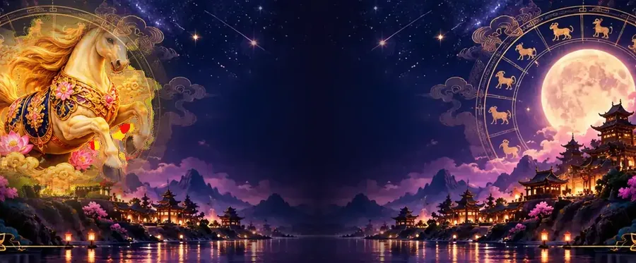 A horse in front of a golden zodiac wheel under the night sky