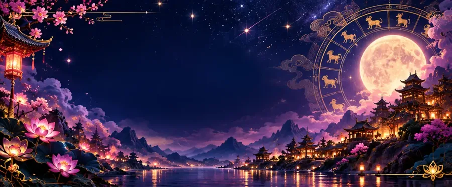 Zodiac wheel and full moon over a lotus lake at night