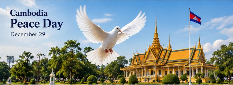 A white dove flying above palace gardens, with a gold-roofed Khmer-style hall and the Cambodian flag under a blue sky