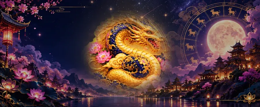 Golden Dragon of the Chinese zodiac in front of a moonlit temple