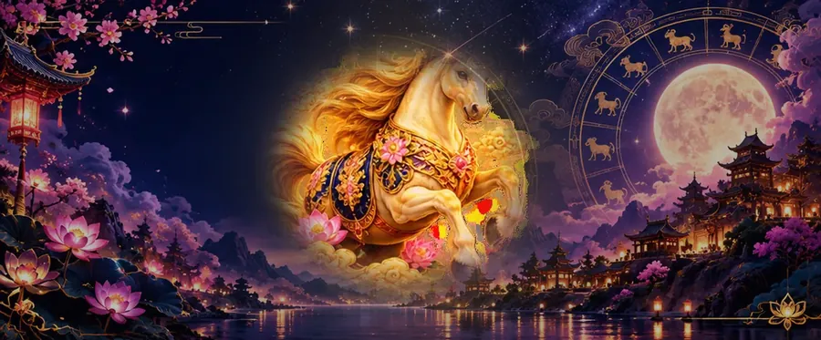Golden Horse of the Chinese zodiac in front of a moonlit temple