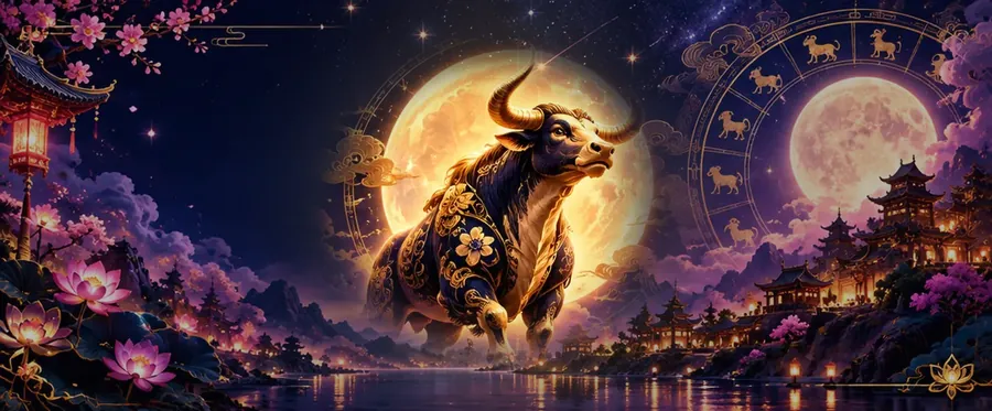 Golden Ox of the Chinese zodiac in front of a moonlit temple