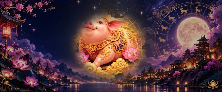 Golden Pig of the Chinese zodiac in front of a moonlit temple