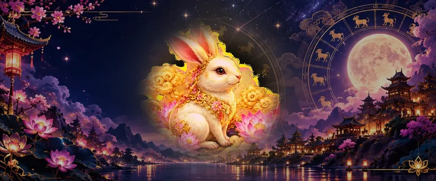 Golden Rabbit of the Chinese zodiac in front of a moonlit temple