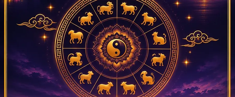 A golden wheel of zodiac animals glowing above a moonlit lake