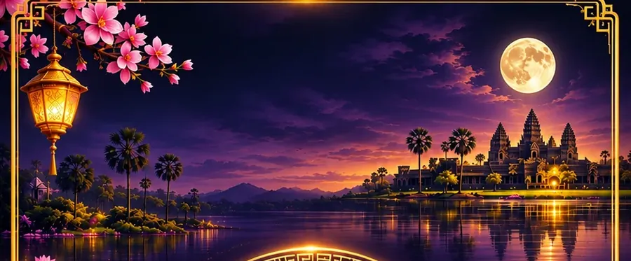 A full moon over a lit Khmer temple and a lantern by a lake at night