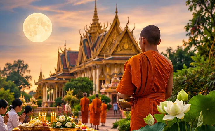 A monk with an alms bowl watches lay people kneeling with candles and flowers in front of a golden pagoda under the full moon