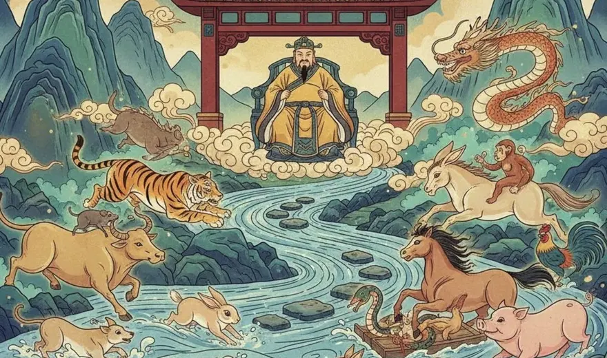 Illustration of the twelve zodiac animals racing across a winding river toward an emperor seated under a red temple gate