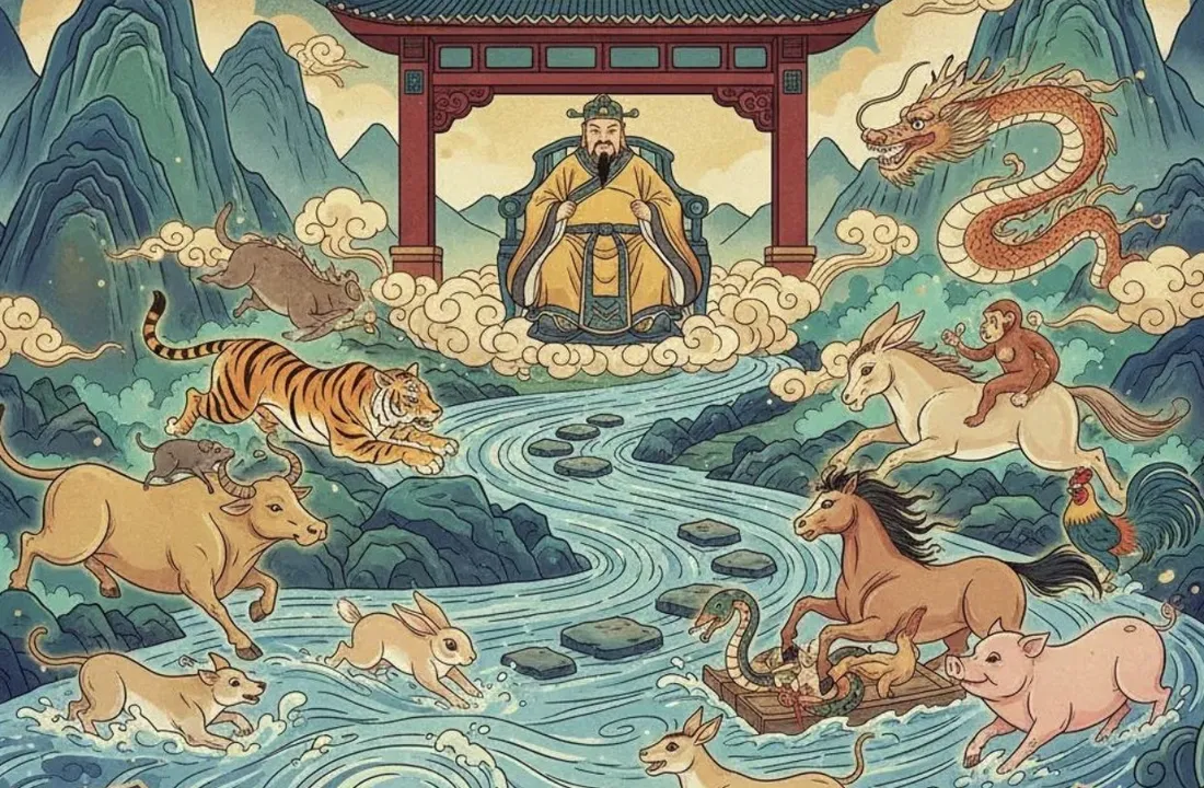 Illustration of the twelve zodiac animals racing across a winding river toward an emperor seated under a red temple gate