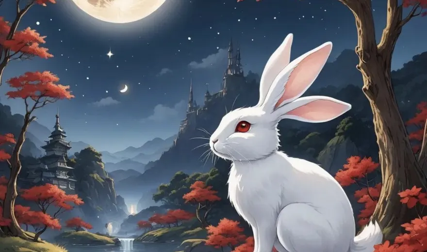 A white rabbit sitting by a moonlit lake under a large full moon, surrounded by red-leafed trees