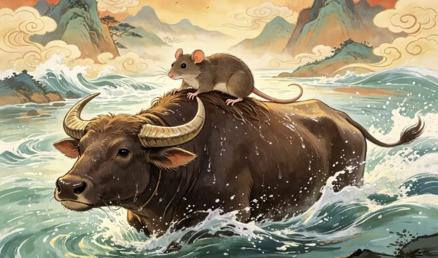 A small rat riding on the back of a water buffalo as it swims through rough waves