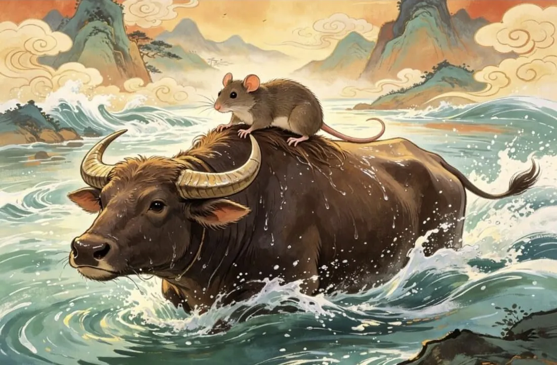 A small rat riding on the back of a water buffalo as it swims through rough waves