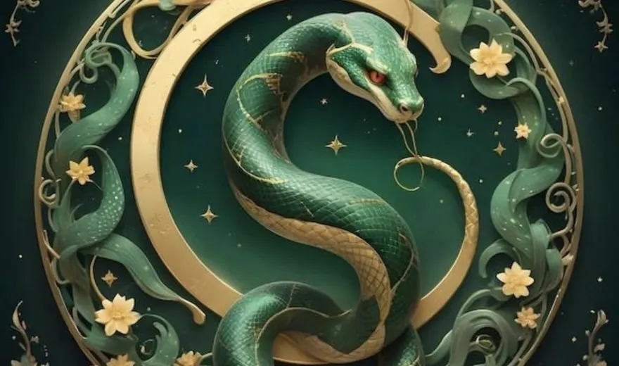 A green snake with gold markings coiled inside an ornate golden circle with cream flowers on a dark green background