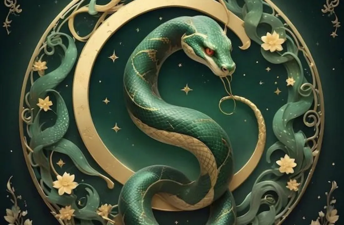 A green snake with gold markings coiled inside an ornate golden circle with cream flowers on a dark green background