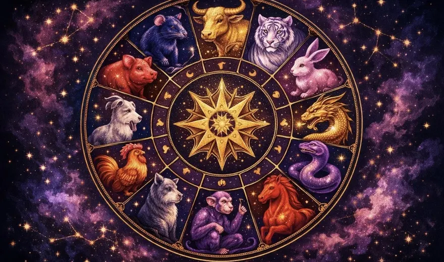 A decorative wheel of twelve zodiac animals around a golden star on a purple starry background