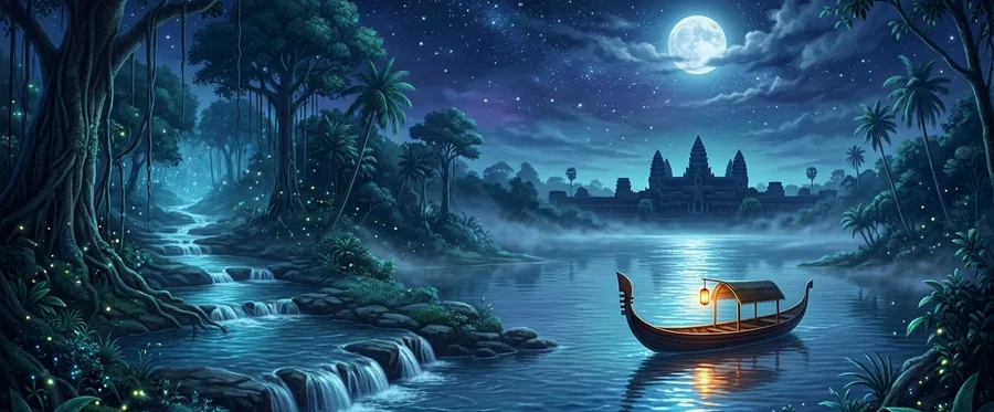 ទន្លេមួយហូរធ្លាក់ជាជំហានៗ កាត់តាមព្រៃក្រោមពន្លឺព្រះចន្ទ ចូលទៅក្នុងបឹងដ៏ស្ងប់ស្ងាត់ ដែលមានទូកមួយបំភ្លឺដោយគោម