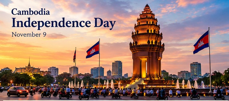 វិមានឯករាជ្យក្នុងរាជធានីភ្នំពេញ ពេលថ្ងៃលិច ភ្លឺចែងចាំងដោយពន្លឺភ្លើង ហ៊ុំព័ទ្ធដោយទឹកពុះ ទង់ជាតិកម្ពុជា និងចរាចរណ៍ពេលល្ងាច