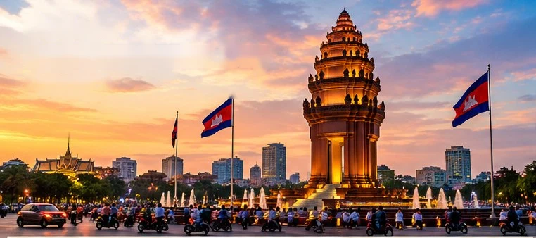 វិមានឯករាជ្យរាងផ្កាឈូក មានថ្នាក់ៗ បំភ្លឺដោយភ្លើង ពេលថ្ងៃលិច ដោយមានទង់ជាតិកម្ពុជា ក្បាលទឹកពុះ និងចរាចរណ៍ម៉ូតូ នៅលើរង្វង់មូលខាងមុខ