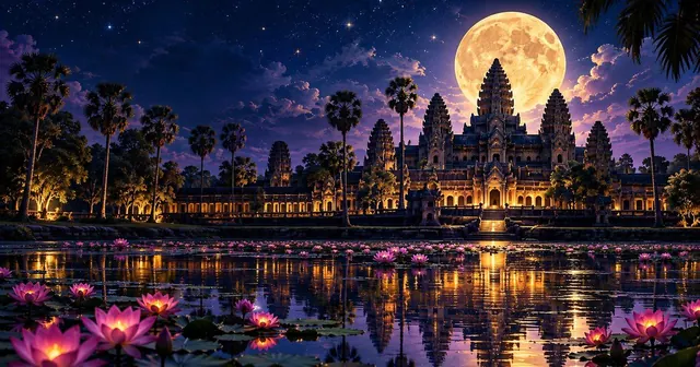 ព្រះចន្ទពេញបូណ៌មីរះនៅពីក្រោយប្រាសាទអង្គរវត្តពេលយប់ ប៉មភ្លឺពណ៌មាស ឆ្លុះលើស្រះផ្កាឈូក