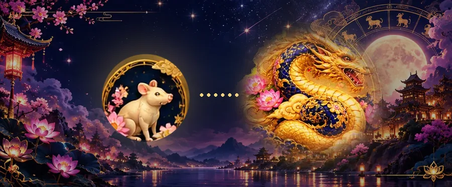មេដាយរូបកណ្ដុរពណ៌មាស និងរូបនាគពណ៌មាស បែរមុខដាក់គ្នា ពីលើបឹងមួយក្រោមពន្លឺព្រះចន្ទ
