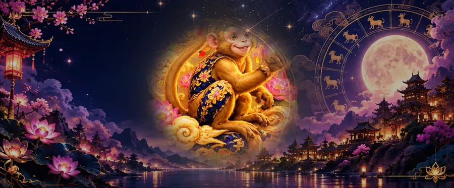 ស្វា (វក) ពណ៌មាសនៃរាសីចិន នៅមុខប្រាសាទក្រោមពន្លឺព្រះចន្ទ
