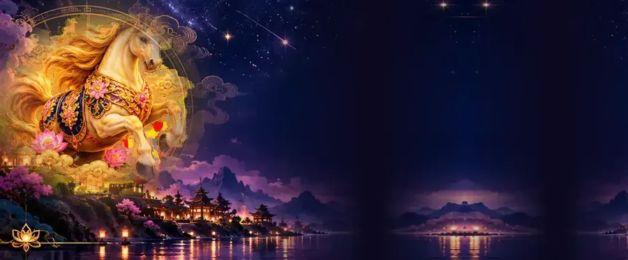 夜晚莲花湖上的金马与生肖轮盘